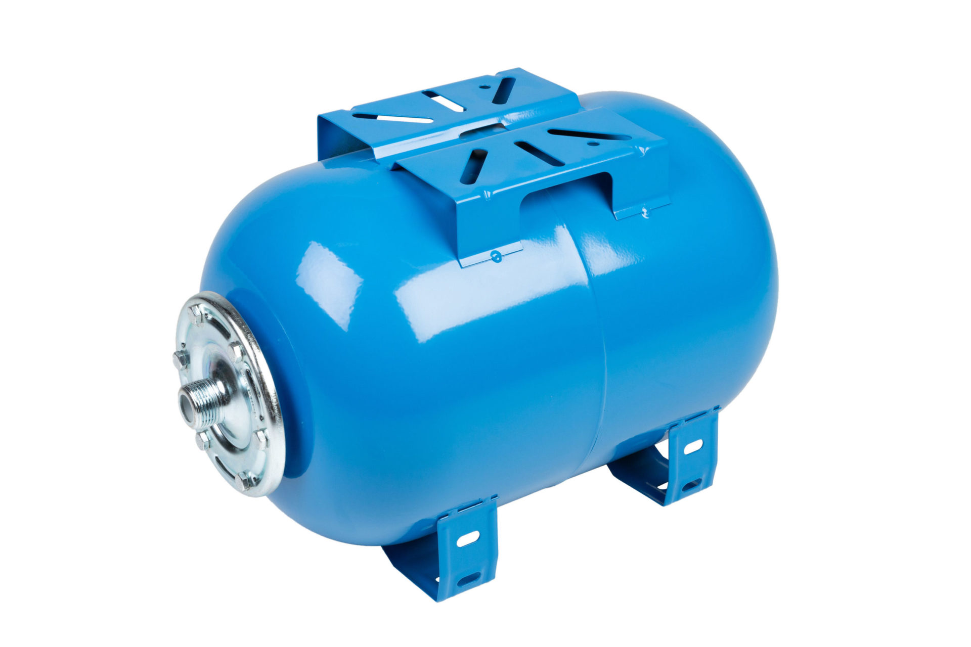 Blue horizontal pressure tank isolated on a white background.